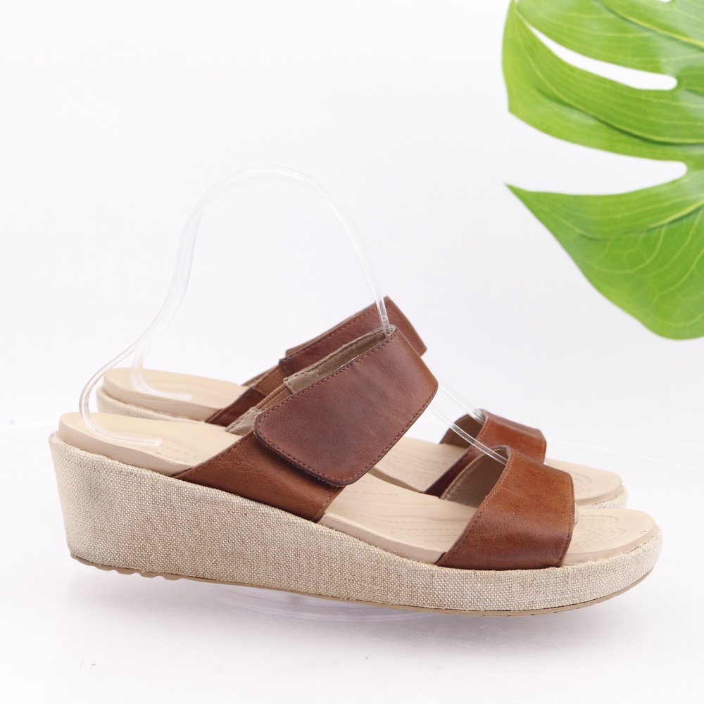Crocs Shoes Womens A-Leigh Sandals Size 9 Brown Leather Slide Wedge Adjustable